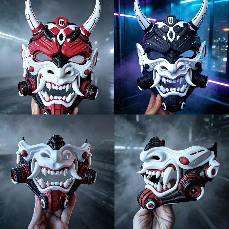 Black Face Mask Pack - หน้ากากปีศาจโอนิสไตล์ไซเบอร์พังค์แบบใหม่สำหรับคอสเพลย์ฮาโลวีน อุปกรณ์ประกอบฉาก หน้ากากซามูไรฮันนยาสีแดง ขาว ดำ สำหรับแต่งกายปาร์ตี้